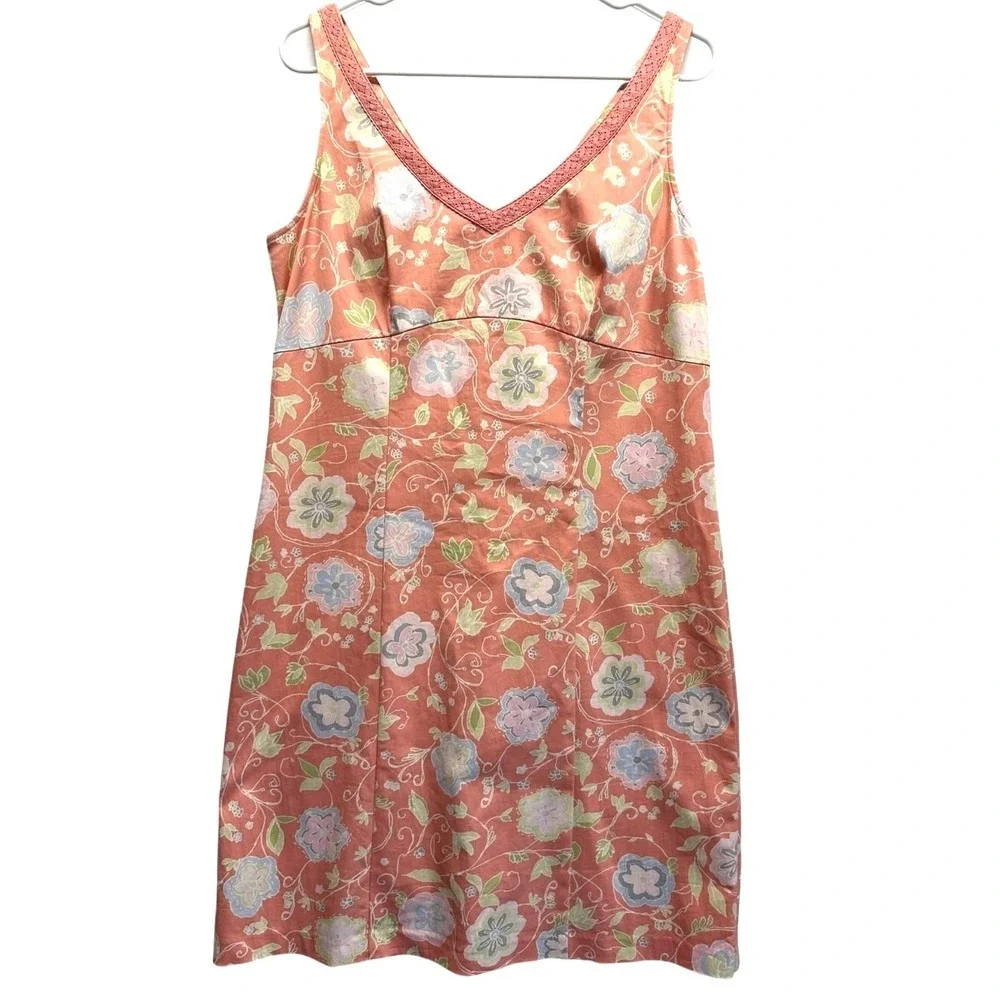 Sigrid Olsen Floral V-Neck Mini Dress Coral Pink Lace Trim Sleeveless Athleisure